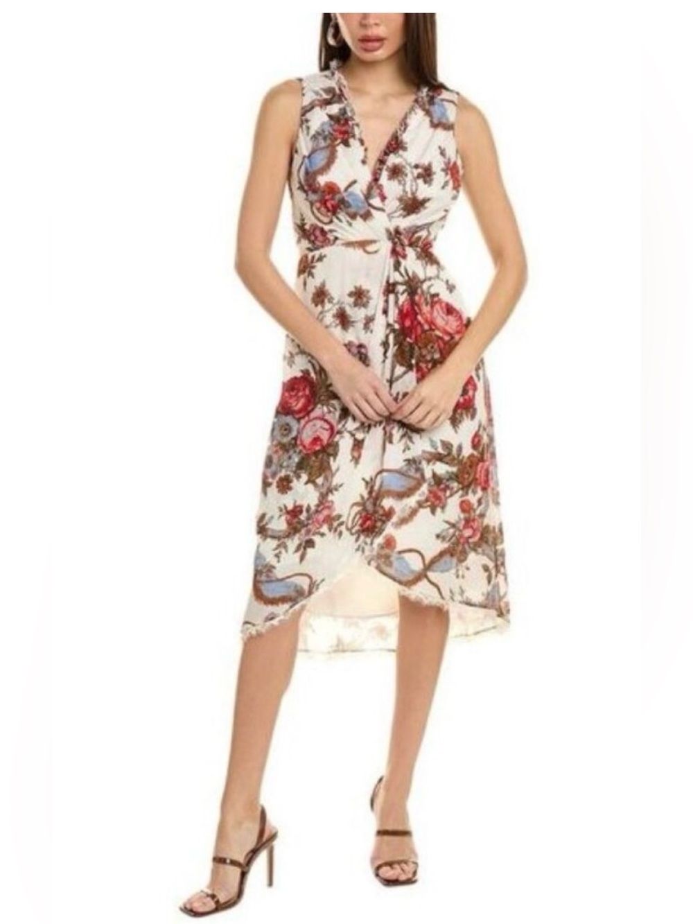 Kobi Halperin Carine Floral Midi Dress in Ivory Red Medium High-low Hem